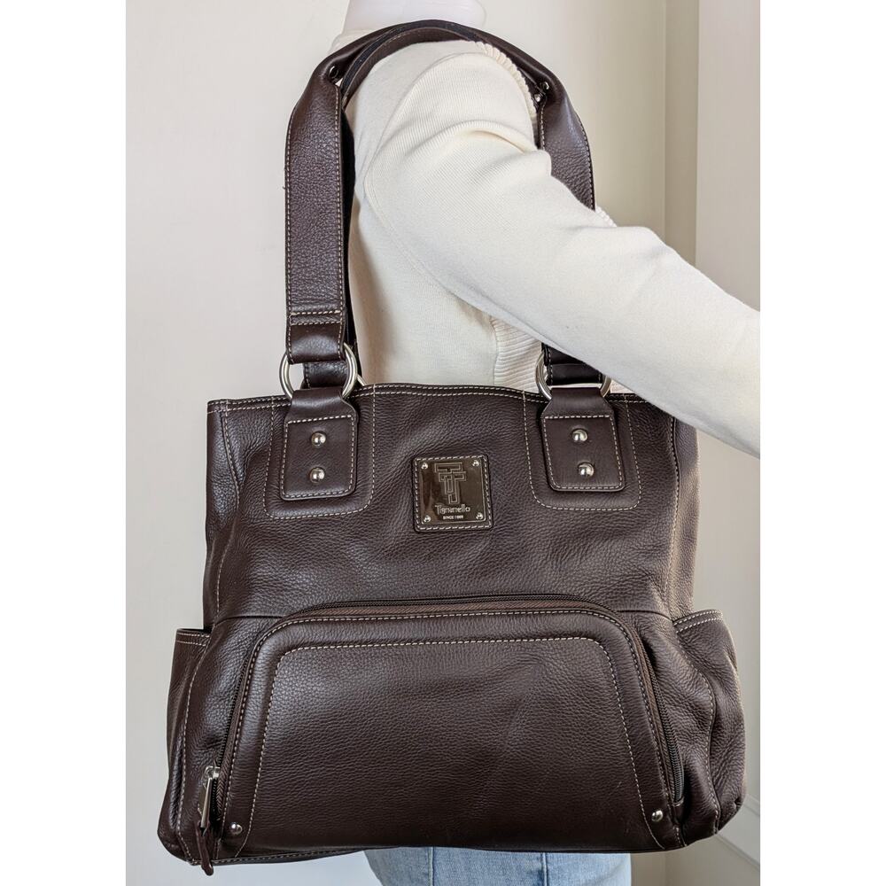 Tignanello Shoulder Bag Large Brown Pebbled Leather Multi Pocket Organizer Tote - Picture 2 of 12